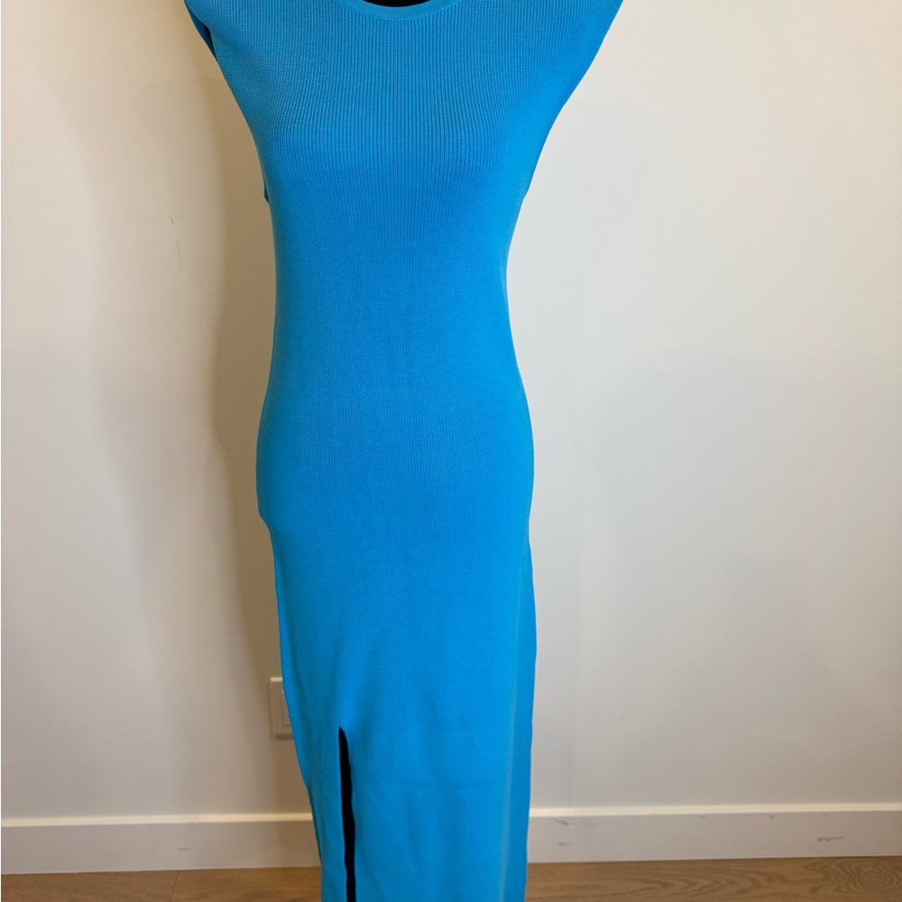 SUNCOO Sleek Ribbed Maxi Dress in Bright Blue